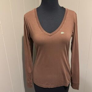 Lacoste Pima chocolate brown Pima cotton V neck long sleeve tee. Size 40 medium